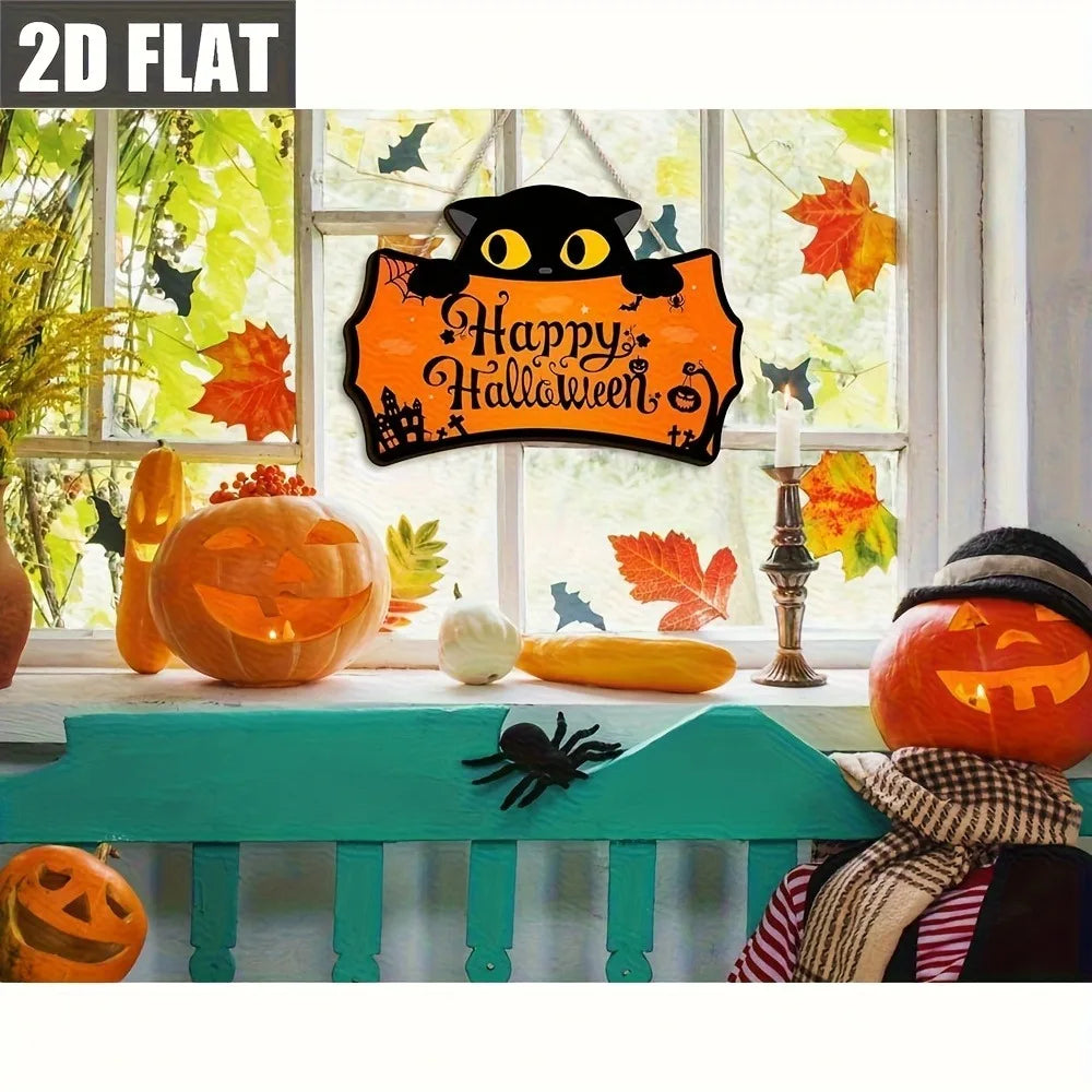Black Cat Shaped Happy Halloween Wooden Hanging Sign  Front Door Plaque for Halloween Porch Decor