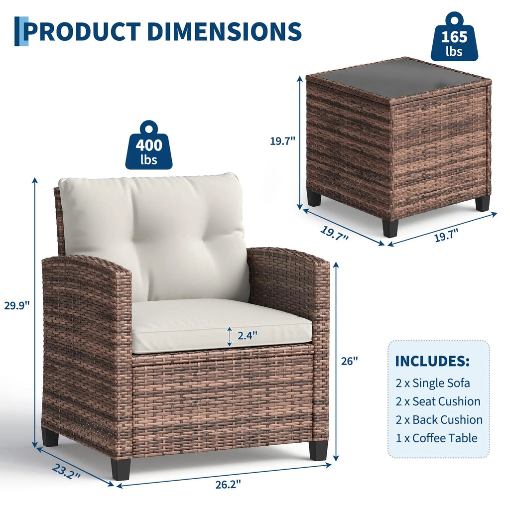 Outdoor Bistro Set 3-Piece Wicker Patio Furniture Rattan Seating With Coffee Table