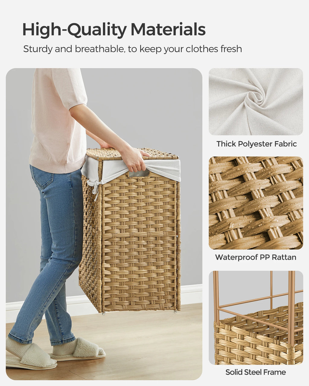 SONGMICS Laundry Hamper with Lid, 42.3 Gallons (160 L), Rolling Laundry Basket with Wheels, 3-Section Synthetic Rattan, Removabl