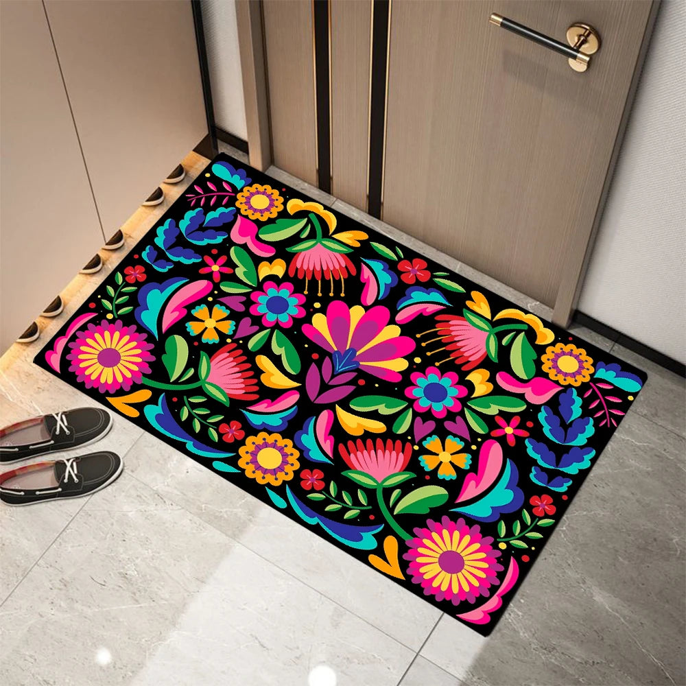 Mexican-style Flower Print Welcome Doormat Non-Slip Machine Washable Carpet