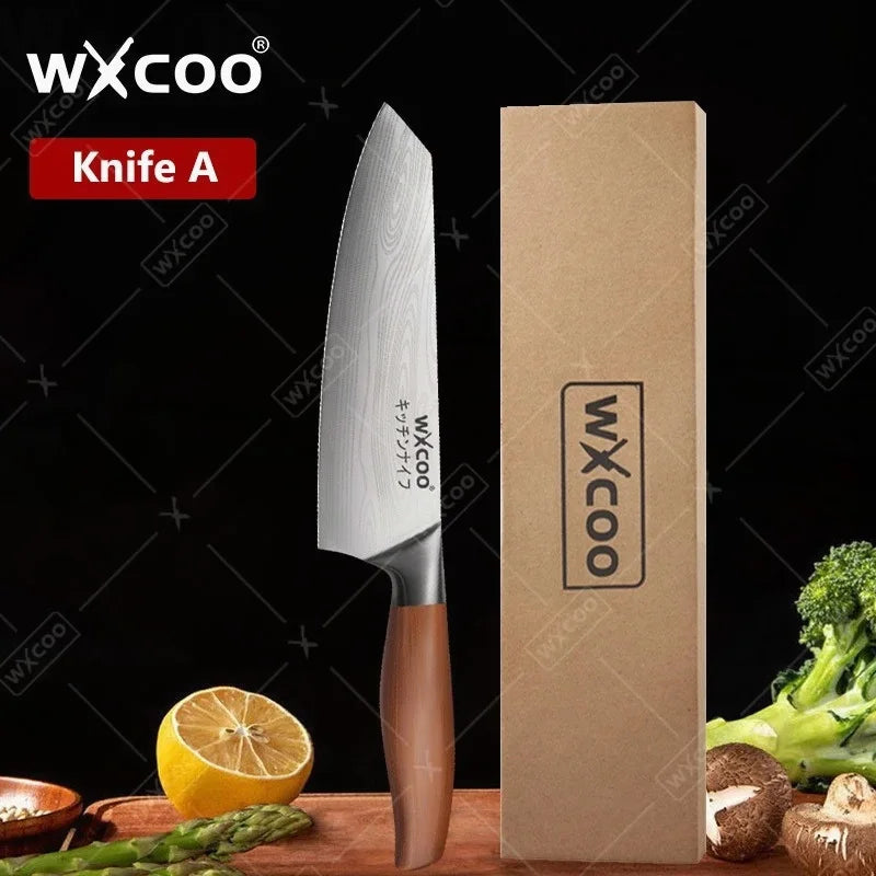 WXCOO Stainless Steel Chef Knife Laser Damascus Pattern Slicing Scissors Cleaver Fruit Knife Holder Household Kitchen Knife