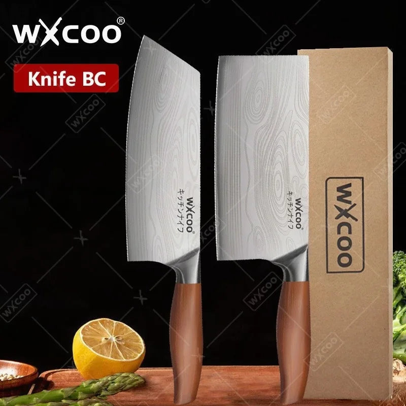 WXCOO Stainless Steel Chef Knife Laser Damascus Pattern Slicing Scissors Cleaver Fruit Knife Holder Household Kitchen Knife