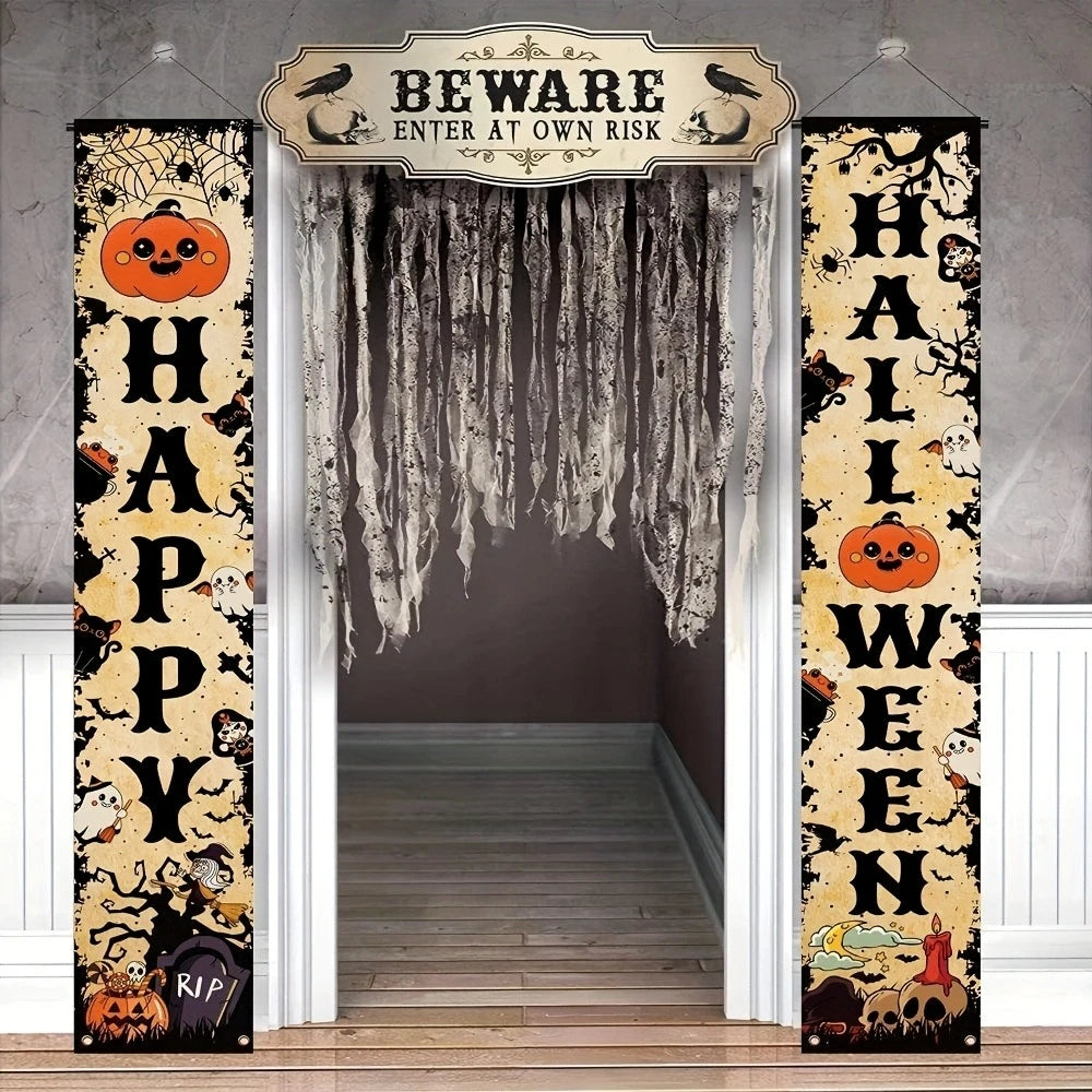 Vintage Happy Halloween Banner Pumpkin Ghost Spider Witch Door Hanging Sign Indoor Yard Front Door Party Photo Booth Decor