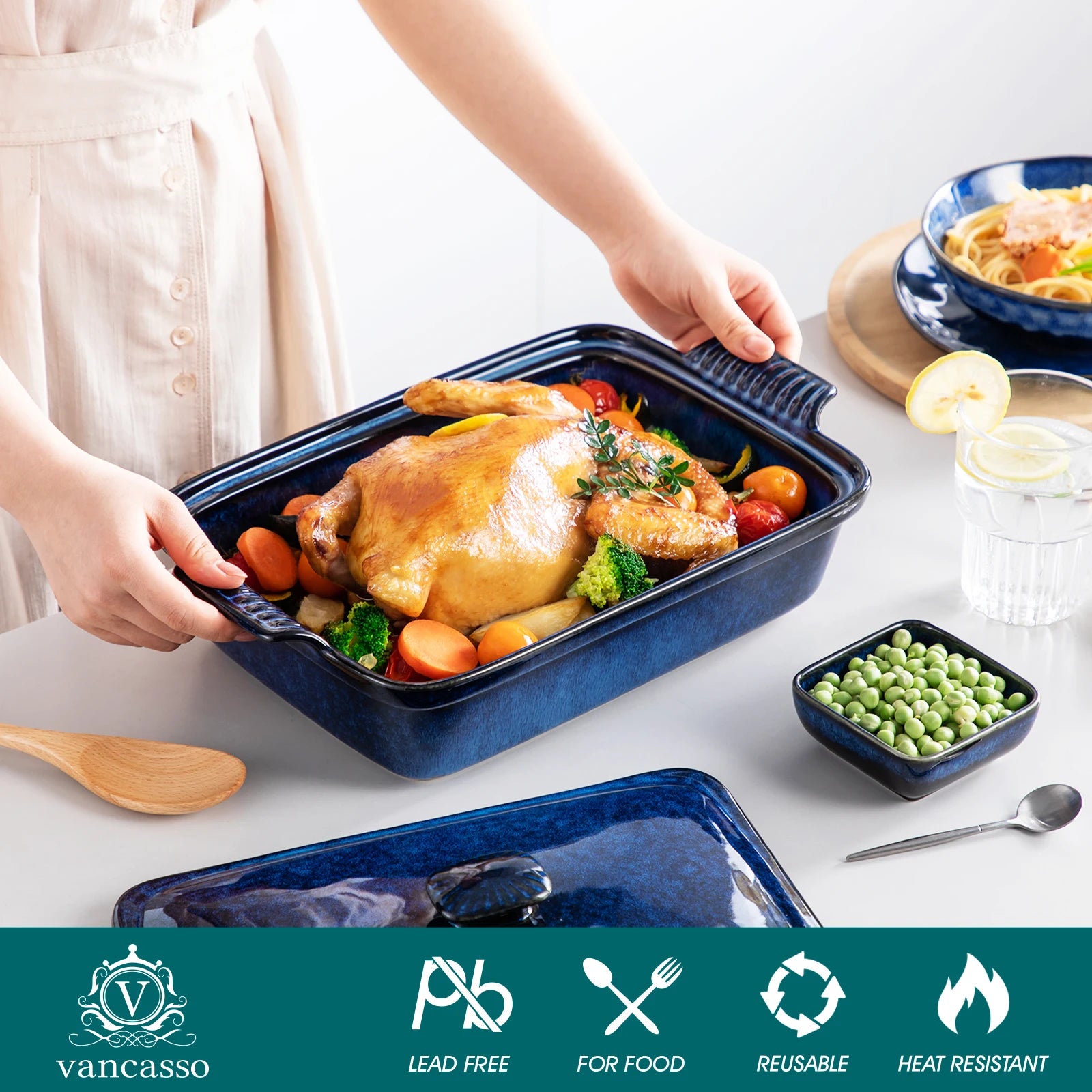 vancasso Starry 3.8/1.9 Quart Blue Casserole Baking Dish with lid Stoneware casserole with lid Microwave