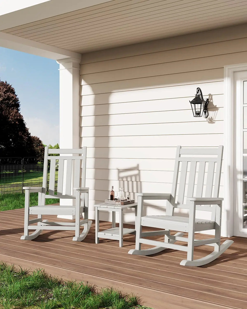 HDPE High Back Rocking Chair Set Outdoor Patio Porch All Weather Resistant w/ Side Table