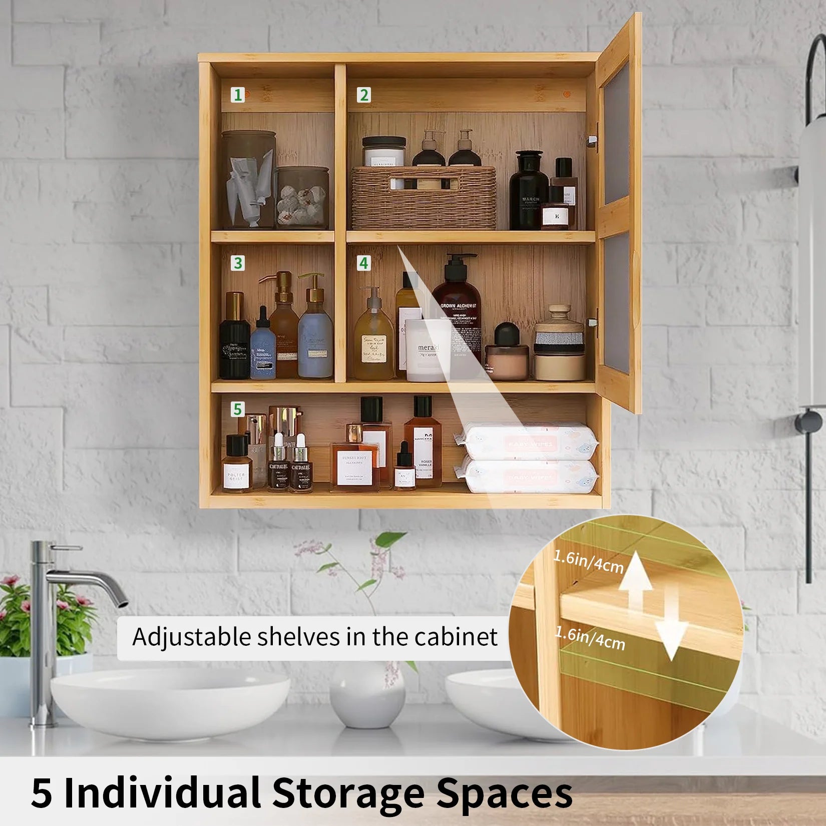 Wall Medicine Cabinet  Natural Bamboo Bathroom Vanity Mirror 5 Open Storage Shelf