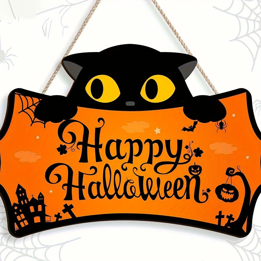 Black Cat Shaped Happy Halloween Wooden Hanging Sign  Front Door Plaque for Halloween Porch Decor