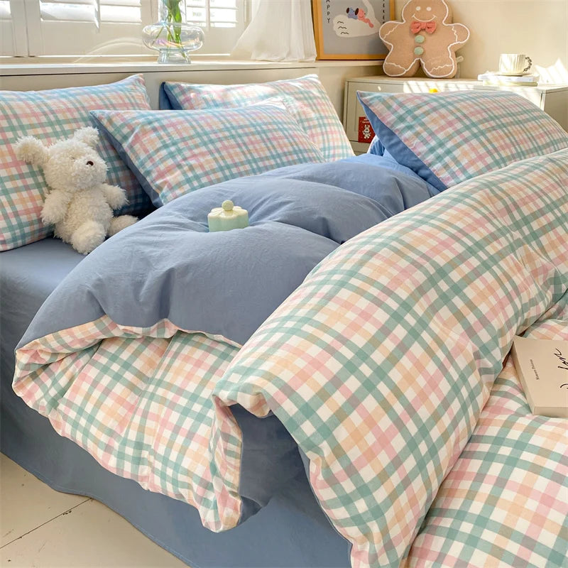 3/4 PcsCheckered Bedding Set Simple Style Soft Skin Friendly