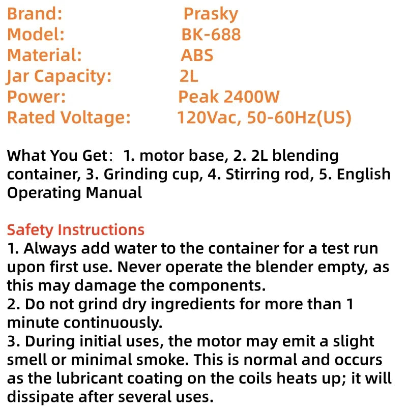 PRASKY 2400W Blender and Grinder Combo 25000RPM