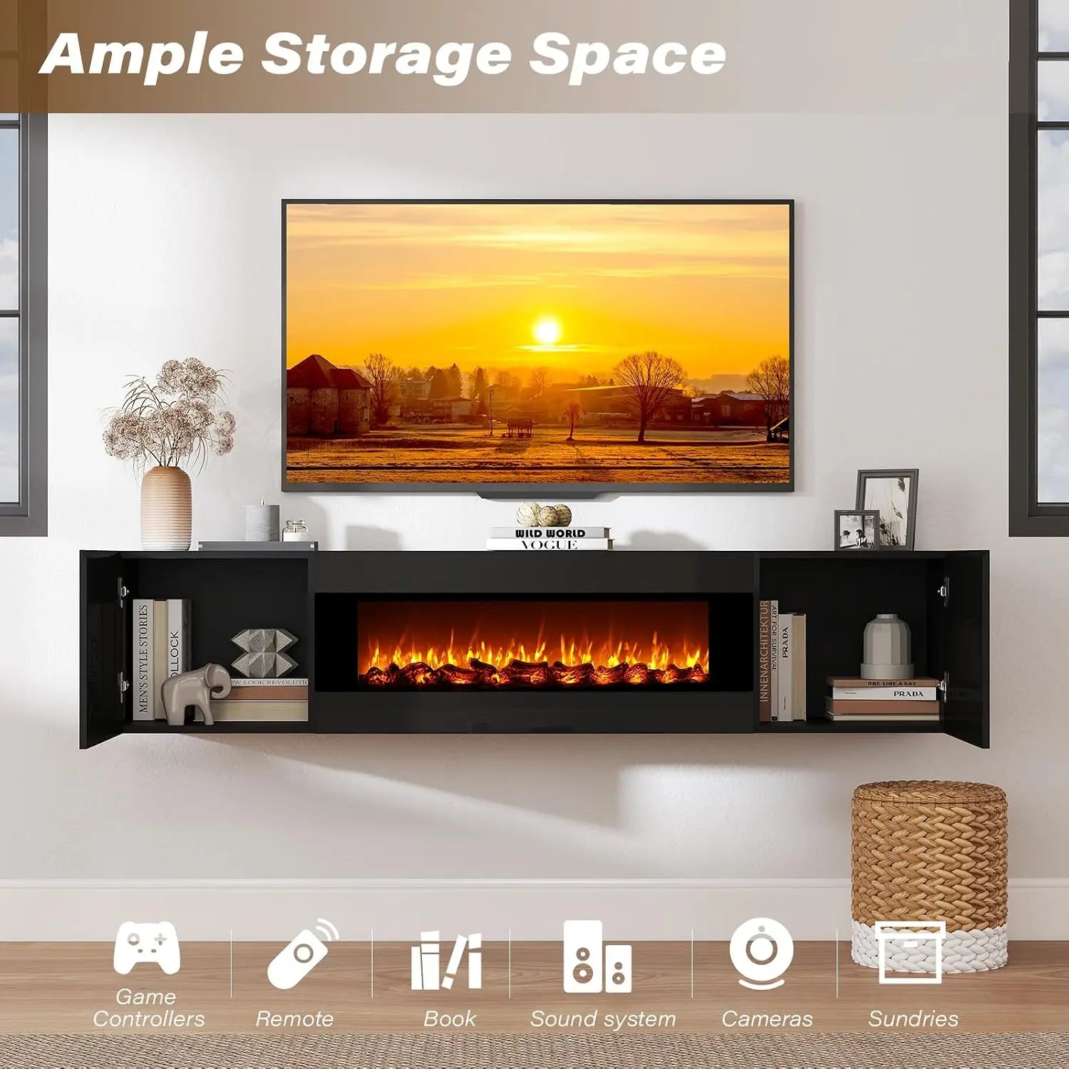 70" Floating TV Stand With Faux Fireplace & Storage For 80" TV, Wall Mounted