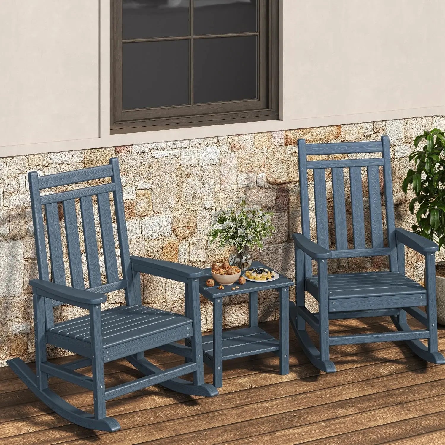 HDPE High Back Rocking Chair Set Outdoor Patio Porch All Weather Resistant w/ Side Table