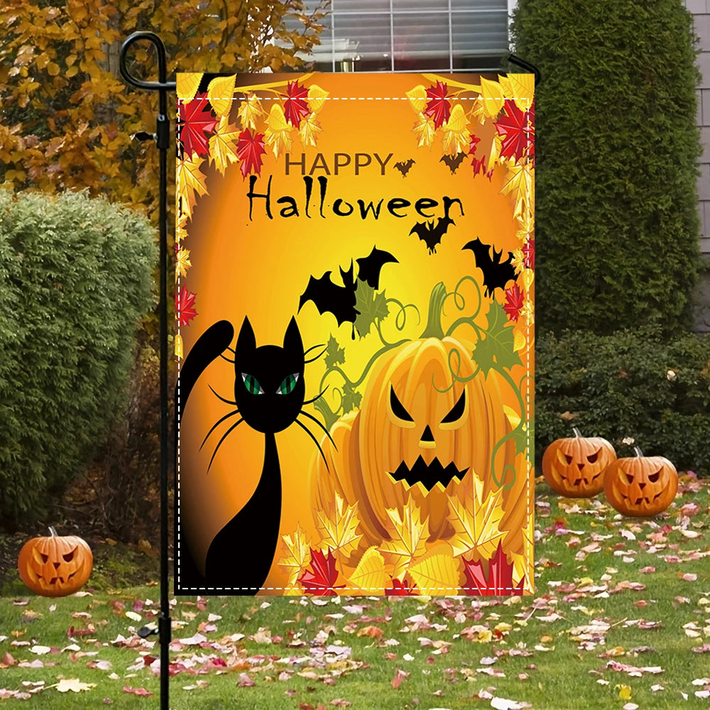 Happy Halloween Garden Flag, Black Cat Jack O Lantern Bat