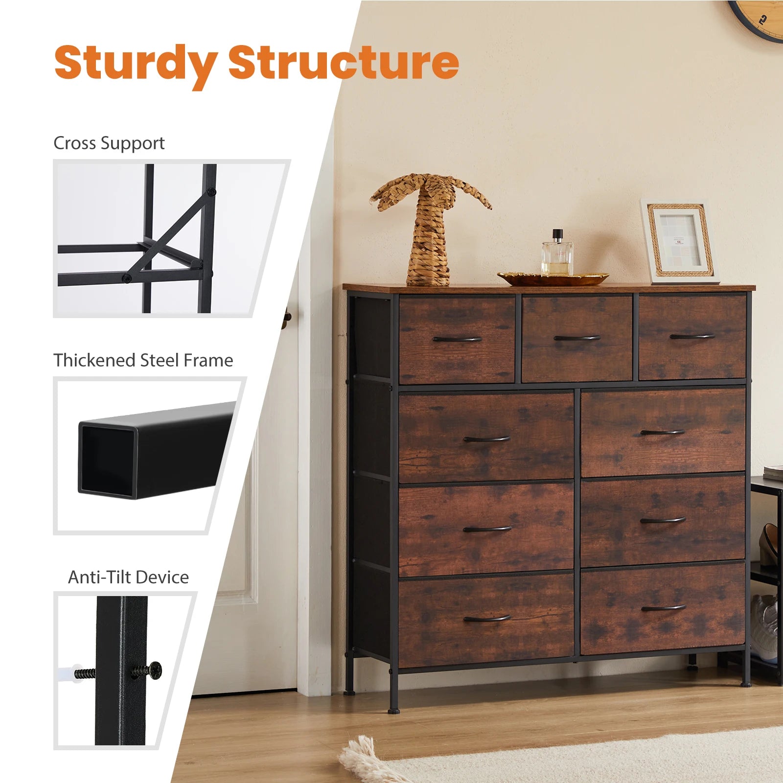 JHK Dresser For Bedroom With 9 Fabric Storage Drawer  Tall Chest Organizer