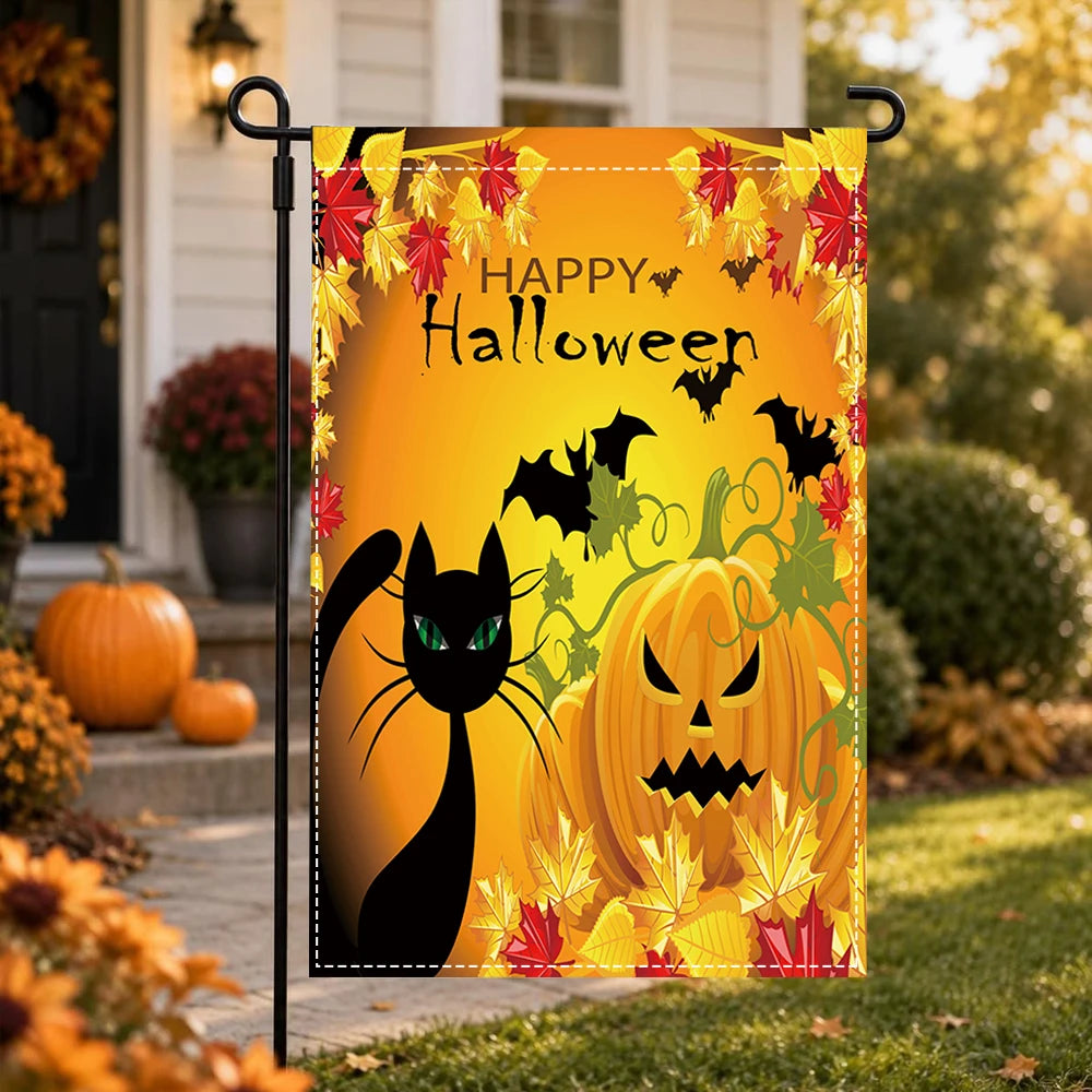 Happy Halloween Garden Flag, Black Cat Jack O Lantern Bat