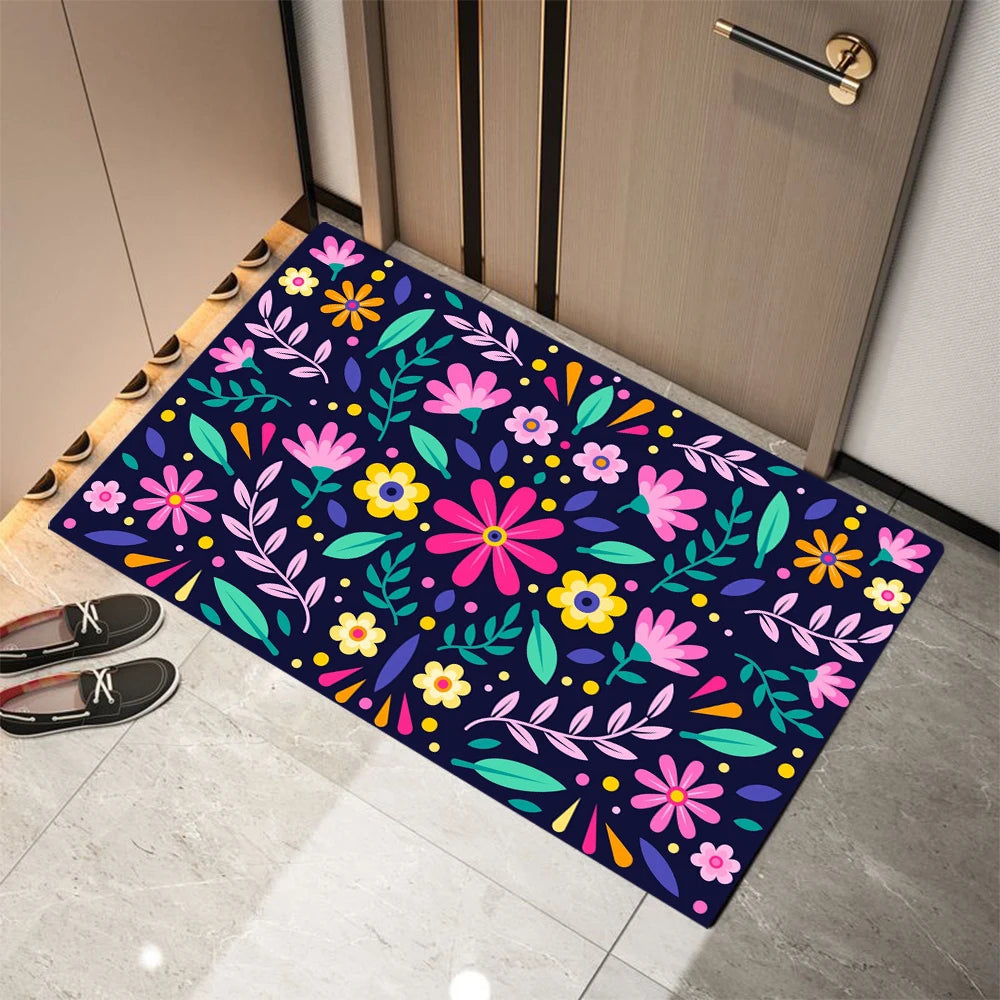 Mexican-style Flower Print Welcome Doormat Non-Slip Machine Washable Carpet