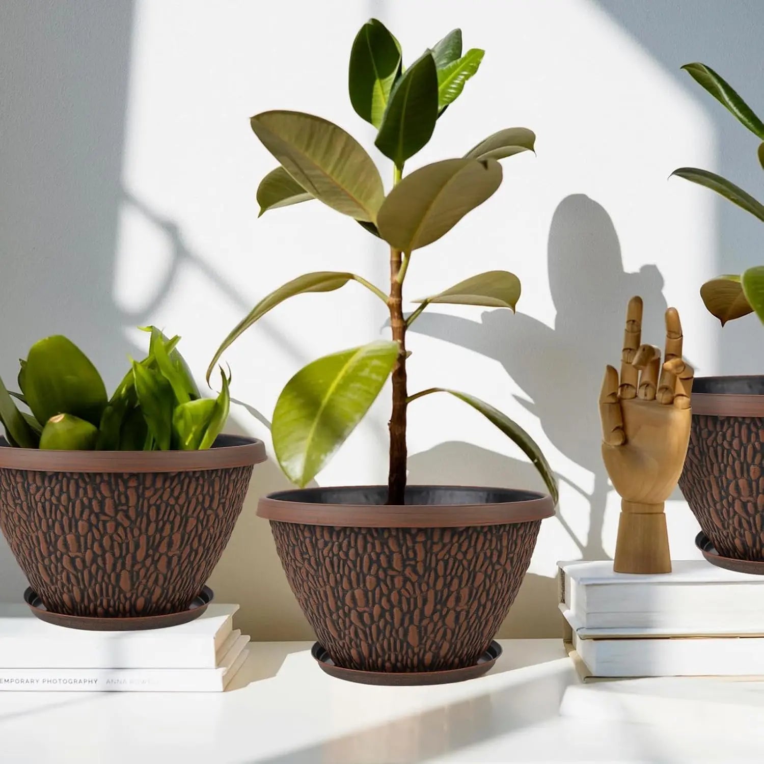 4 Pack 8 Inch Plant Pots with Drainage Holes & Trays,