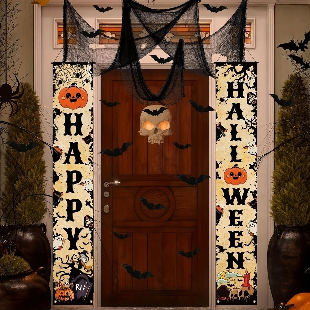 Vintage Happy Halloween Banner Pumpkin Ghost Spider Witch Door Hanging Sign Indoor Yard Front Door Party Photo Booth Decor