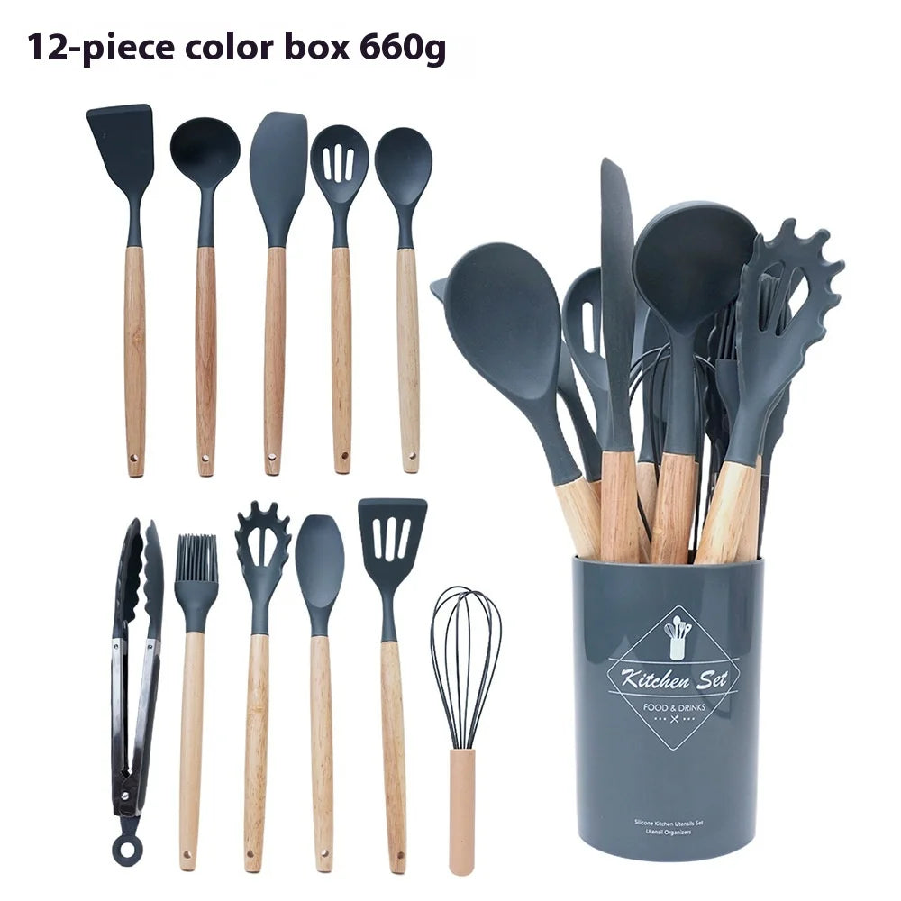 12pcs/set Silicone Kitchen Cookware Utensils Food Grade Turner Spatula Measuring Spoon Practical Kitchenware Set Cooking Tools