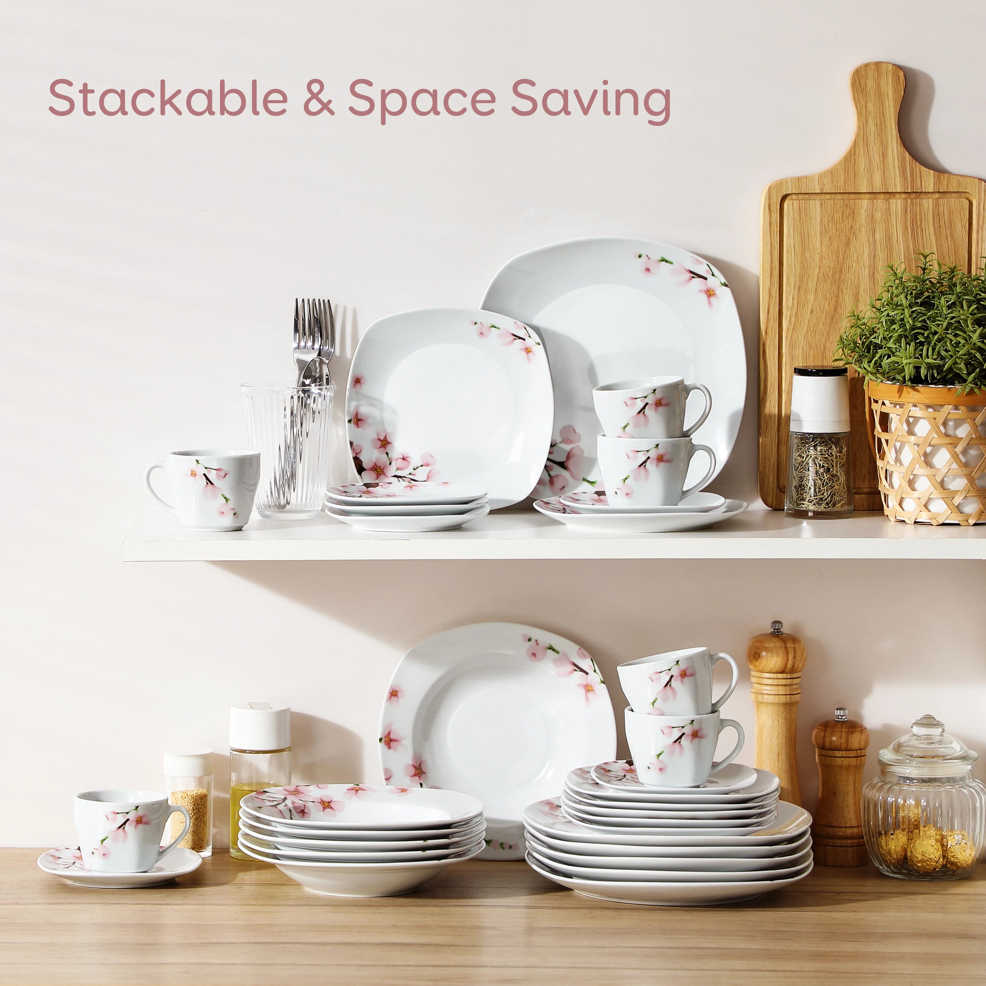 VEWEET ANNIE 30/24/20 Pcs Porcelain Dinnerware Set Pink Floral with Dinner Plate/Dessert/Soup/Cup/Saucer