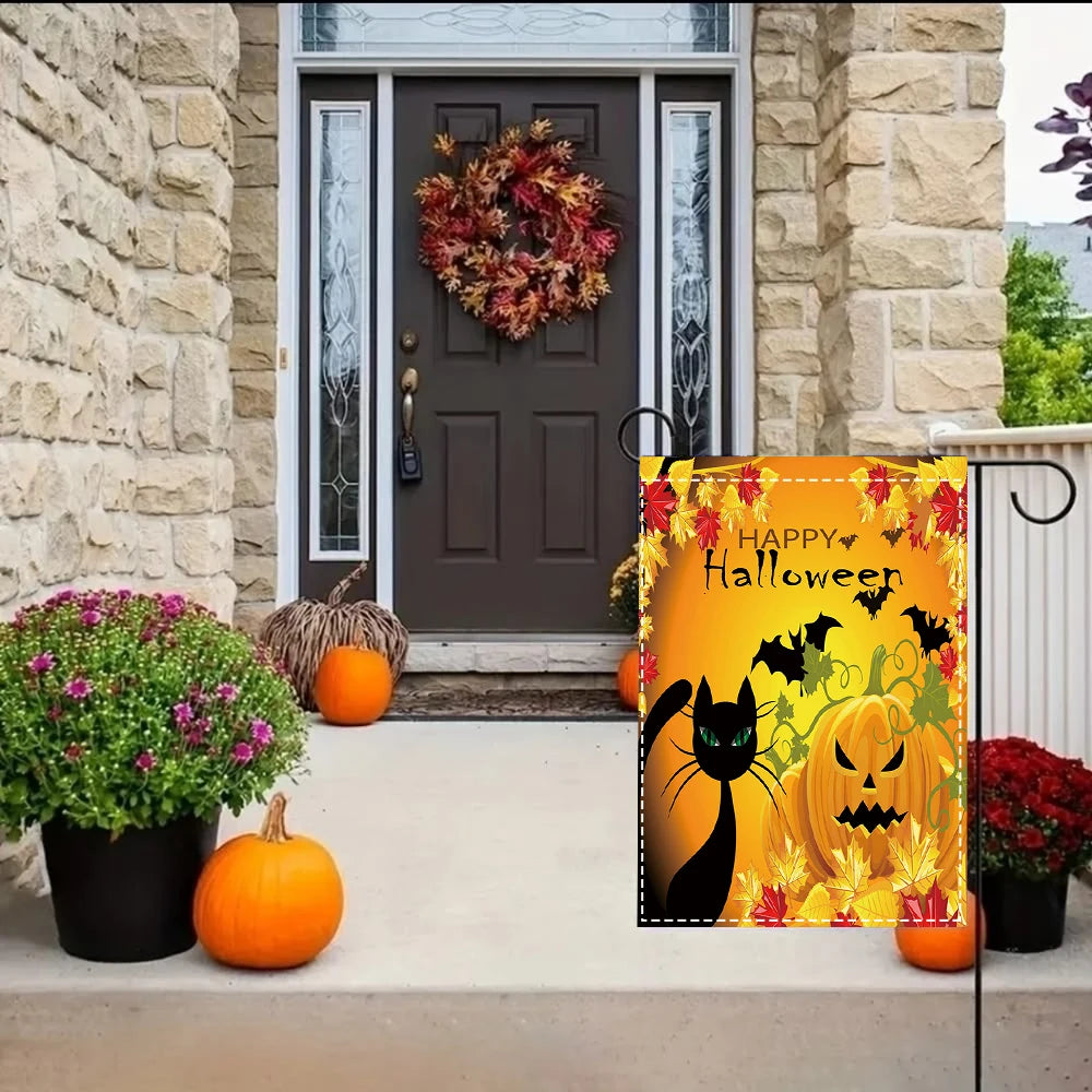 Happy Halloween Garden Flag, Black Cat Jack O Lantern Bat