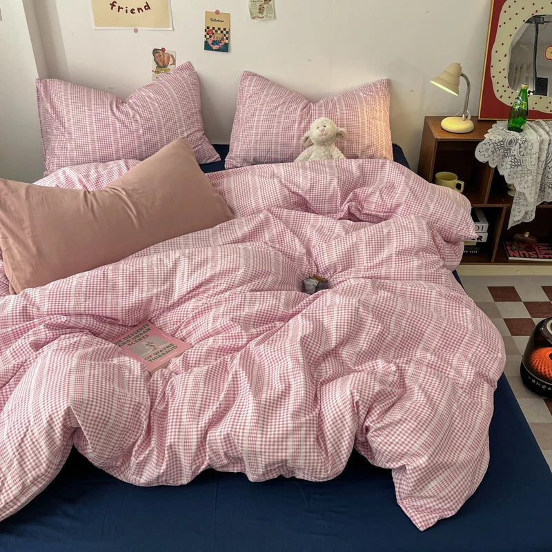 Vintage Double Sided Red Plaid Bedding Set Skin-Friendly Soft Duvet Cover Set with Bed Sheet and Pillowcases for Single Double