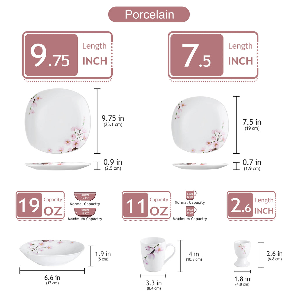 VEWEET ANNIE 30/24/20 Pcs Porcelain Dinnerware Set Pink Floral with Dinner Plate/Dessert/Soup/Cup/Saucer