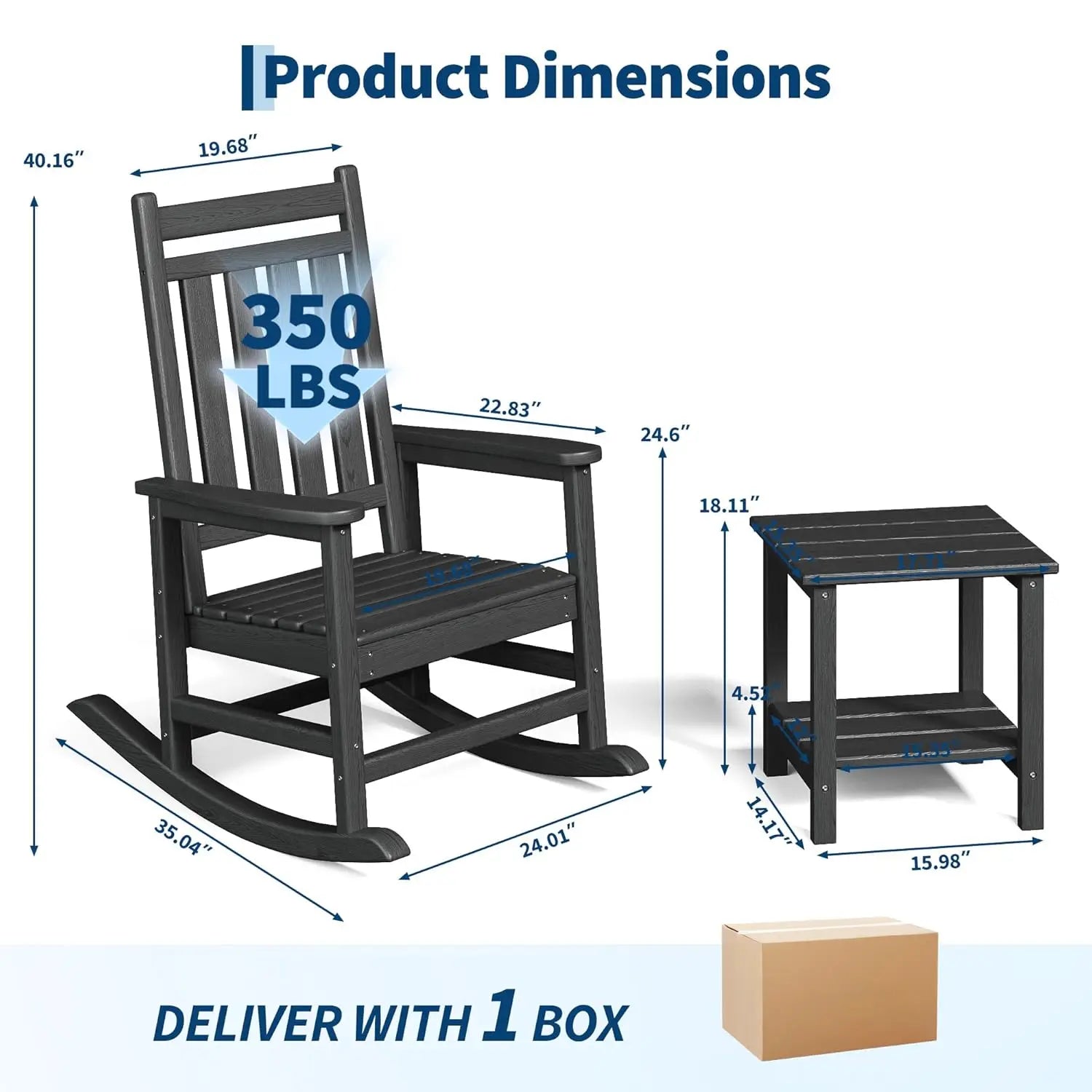 HDPE High Back Rocking Chair Set Outdoor Patio Porch All Weather Resistant w/ Side Table