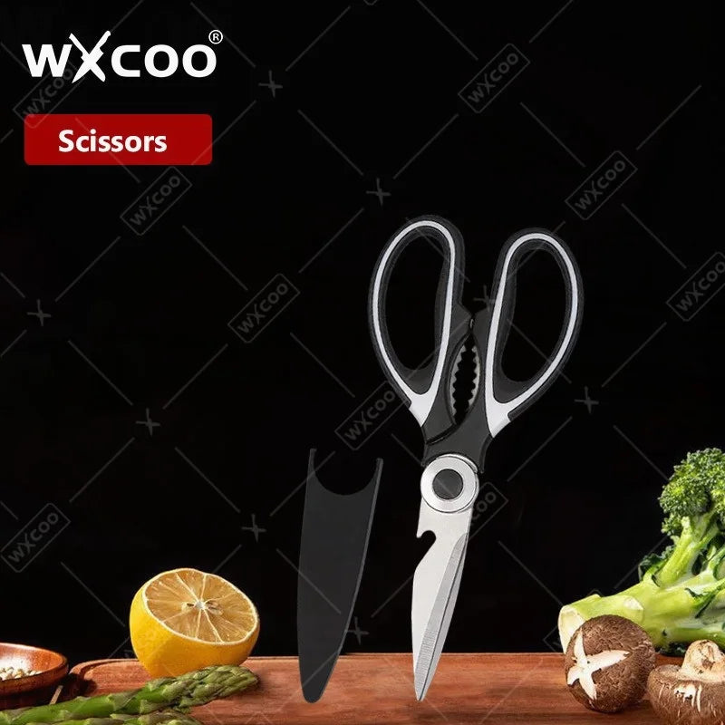 WXCOO Stainless Steel Chef Knife Laser Damascus Pattern Slicing Scissors Cleaver Fruit Knife Holder Household Kitchen Knife