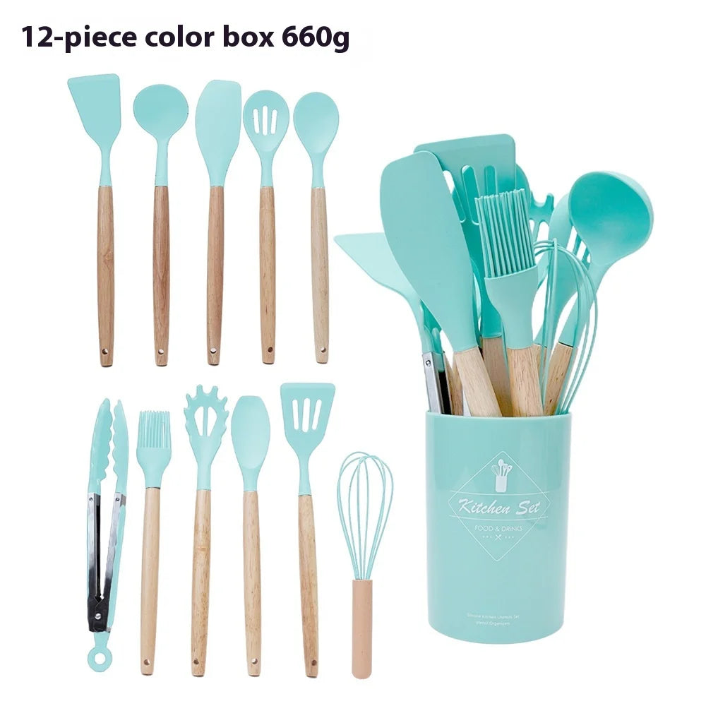 12pcs/set Silicone Kitchen Cookware Utensils Food Grade Turner Spatula Measuring Spoon Practical Kitchenware Set Cooking Tools