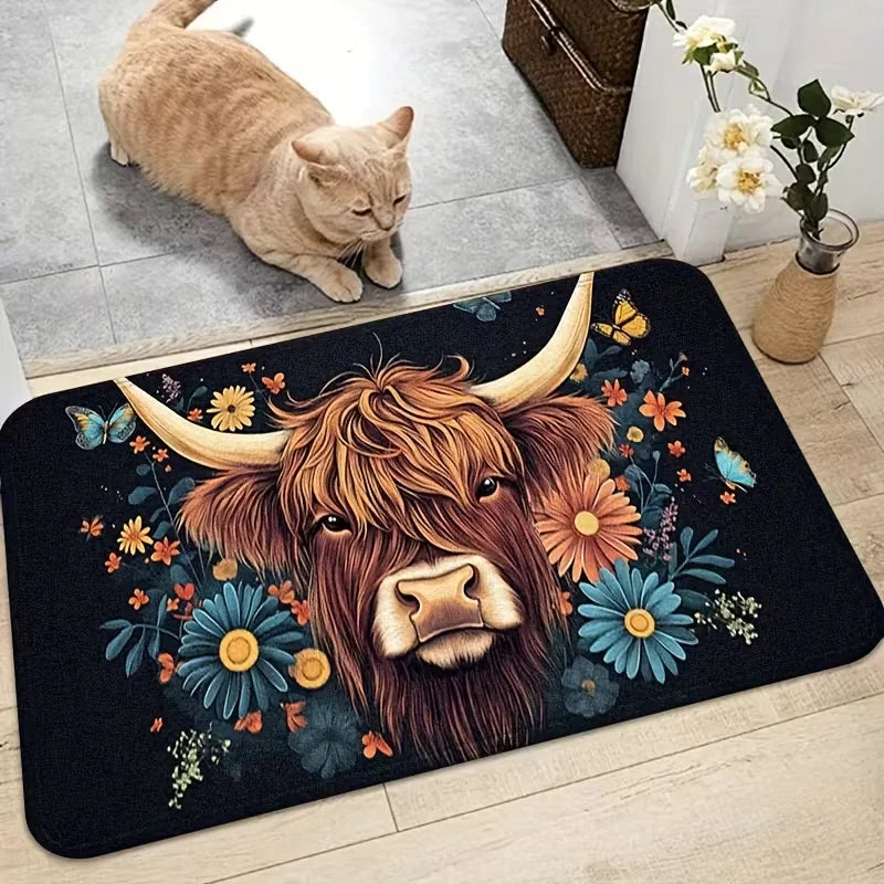 Highland Cow and Butterfly Floral Print Kitchen Mat Set, Suitable for Home Use Ideal for Entryway, Laundry Room, Spring Summer