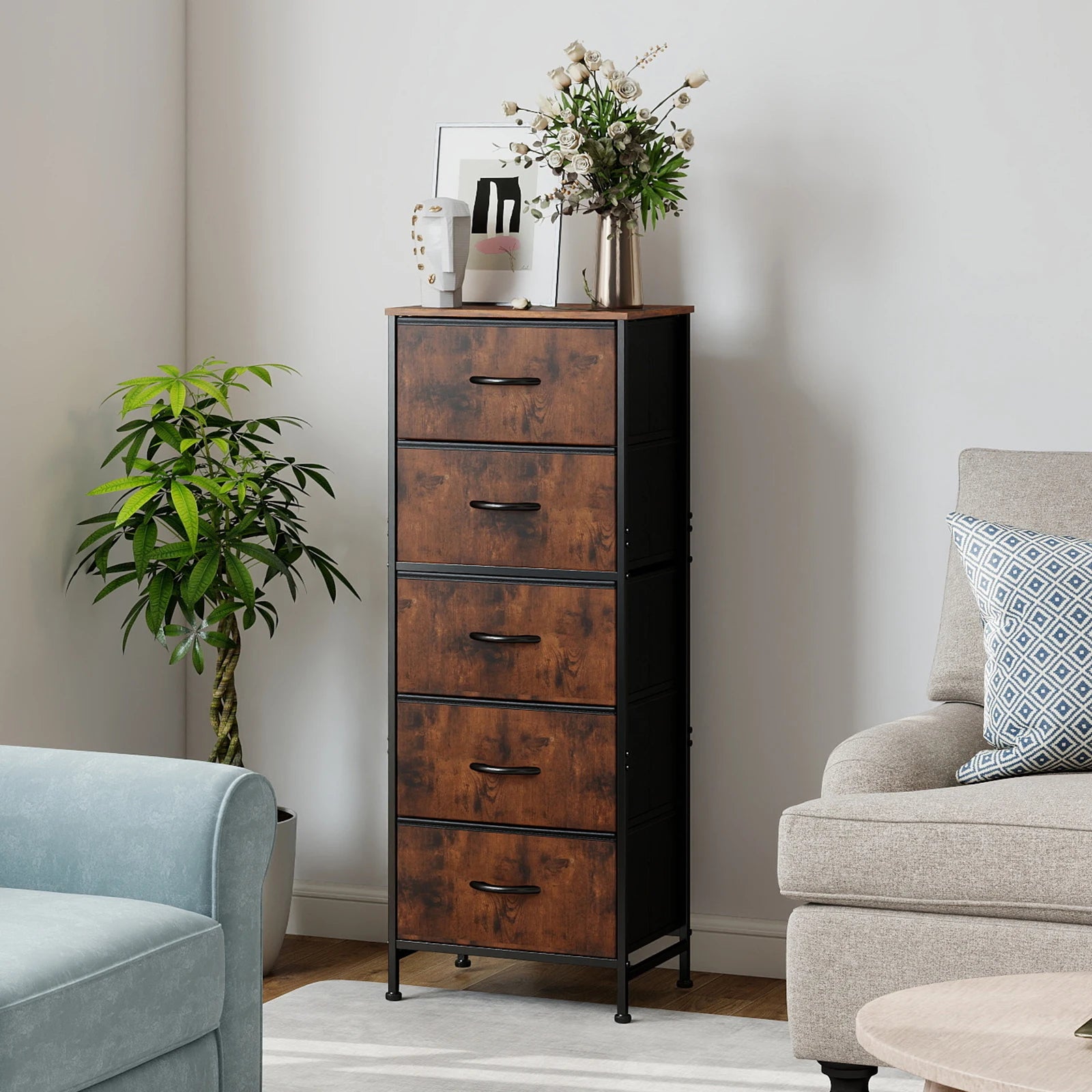 48IN Dresser For Bedroom With 5 Fabric Drawers  Steel Frame  Storage Cabinet Furniture