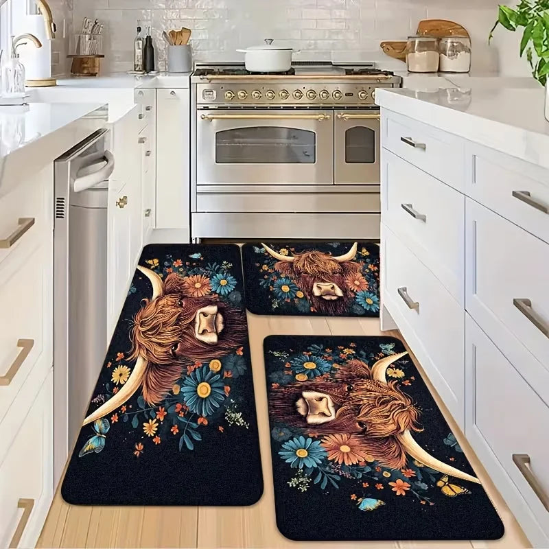 Highland Cow and Butterfly Floral Print Kitchen Mat Set, Suitable for Home Use Ideal for Entryway, Laundry Room, Spring Summer