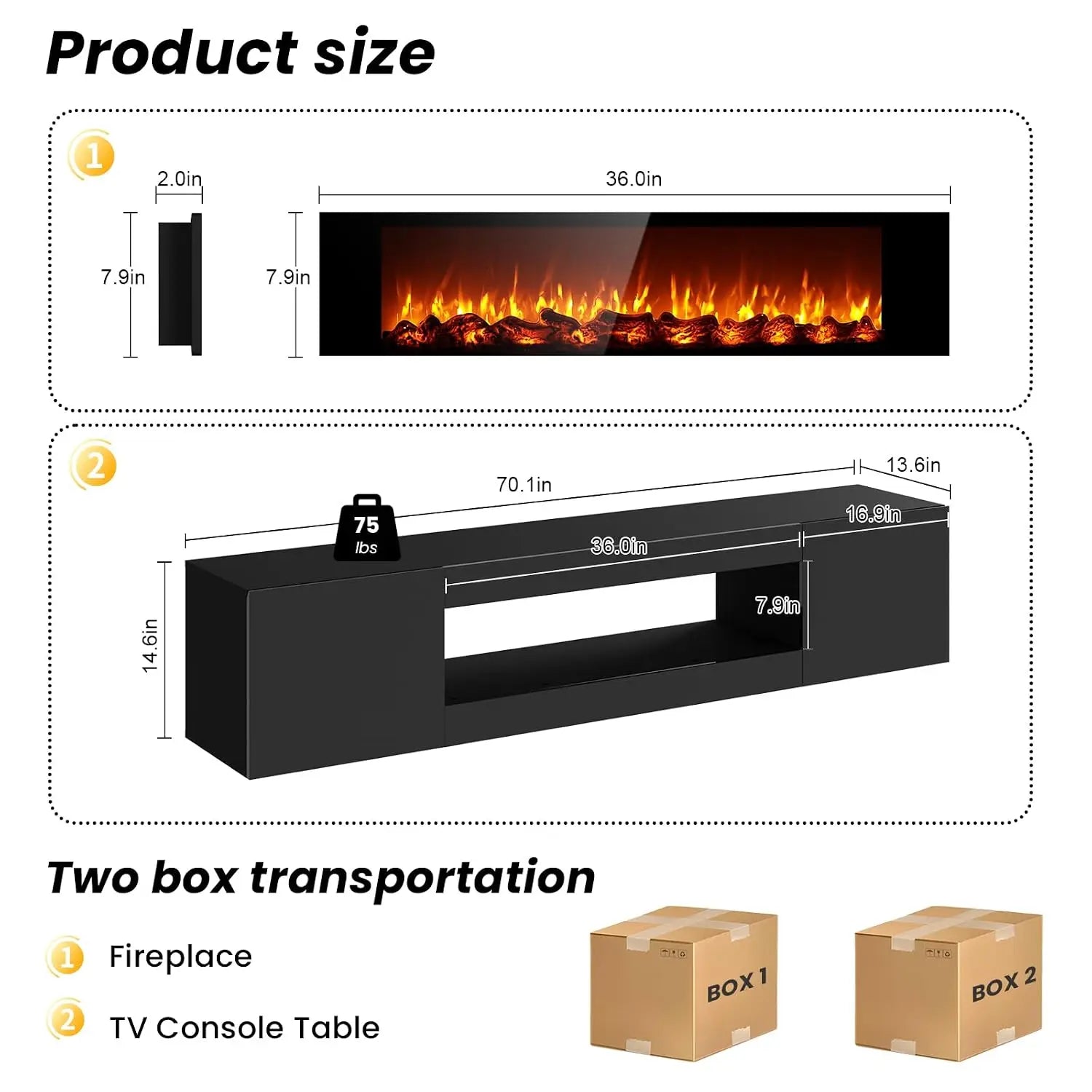 70" Floating TV Stand With Faux Fireplace & Storage For 80" TV, Wall Mounted