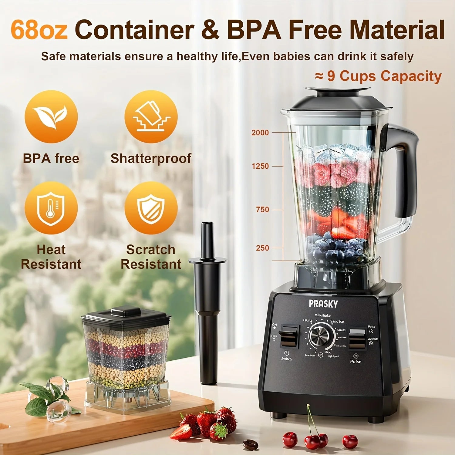 PRASKY 2400W Blender and Grinder Combo 25000RPM
