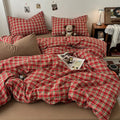 Vintage Double Sided Red Plaid Bedding Set Skin-Friendly Soft Duvet Cover Set with Bed Sheet and Pillowcases for Single Double