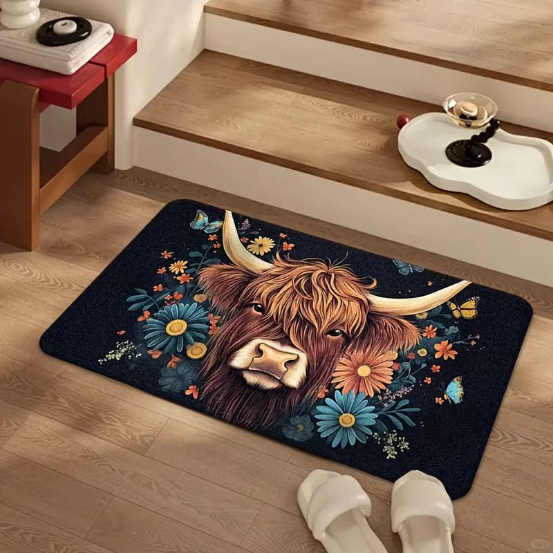 Highland Cow and Butterfly Floral Print Kitchen Mat Set, Suitable for Home Use Ideal for Entryway, Laundry Room, Spring Summer