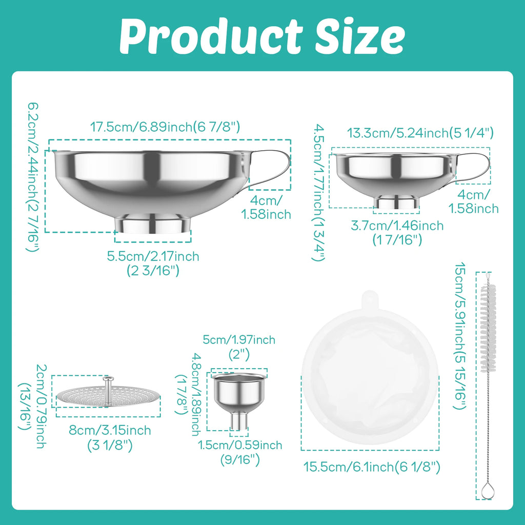 3/6 Pcs Stainless Steel Wide Mouth Funnel with Strainer and Handle