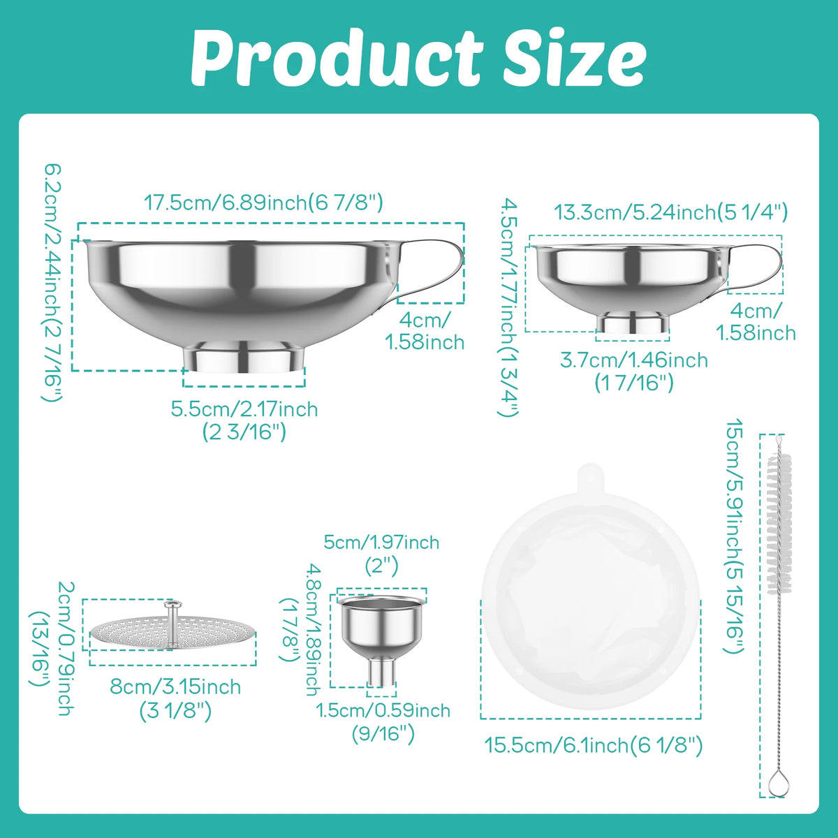 3/6 Pcs Stainless Steel Wide Mouth Funnel with Strainer and Handle
