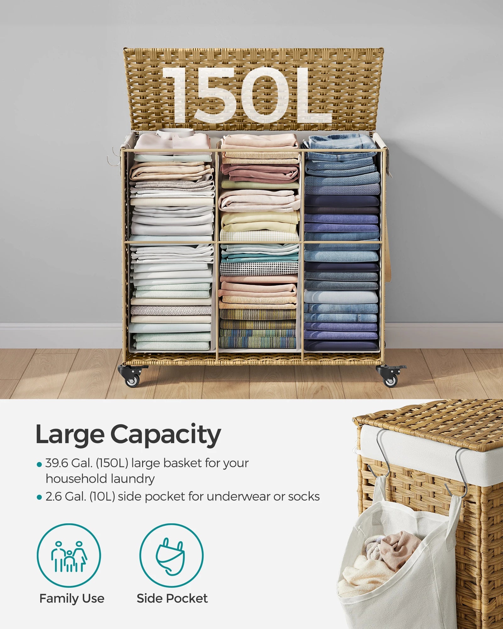 SONGMICS Laundry Hamper with Lid, 42.3 Gallons (160 L), Rolling Laundry Basket with Wheels, 3-Section Synthetic Rattan, Removabl