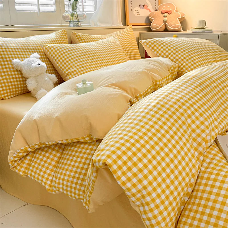 3/4 PcsCheckered Bedding Set Simple Style Soft Skin Friendly