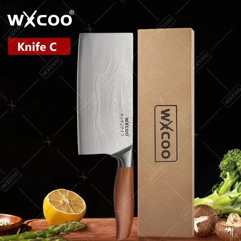WXCOO Stainless Steel Chef Knife Laser Damascus Pattern Slicing Scissors Cleaver Fruit Knife Holder Household Kitchen Knife