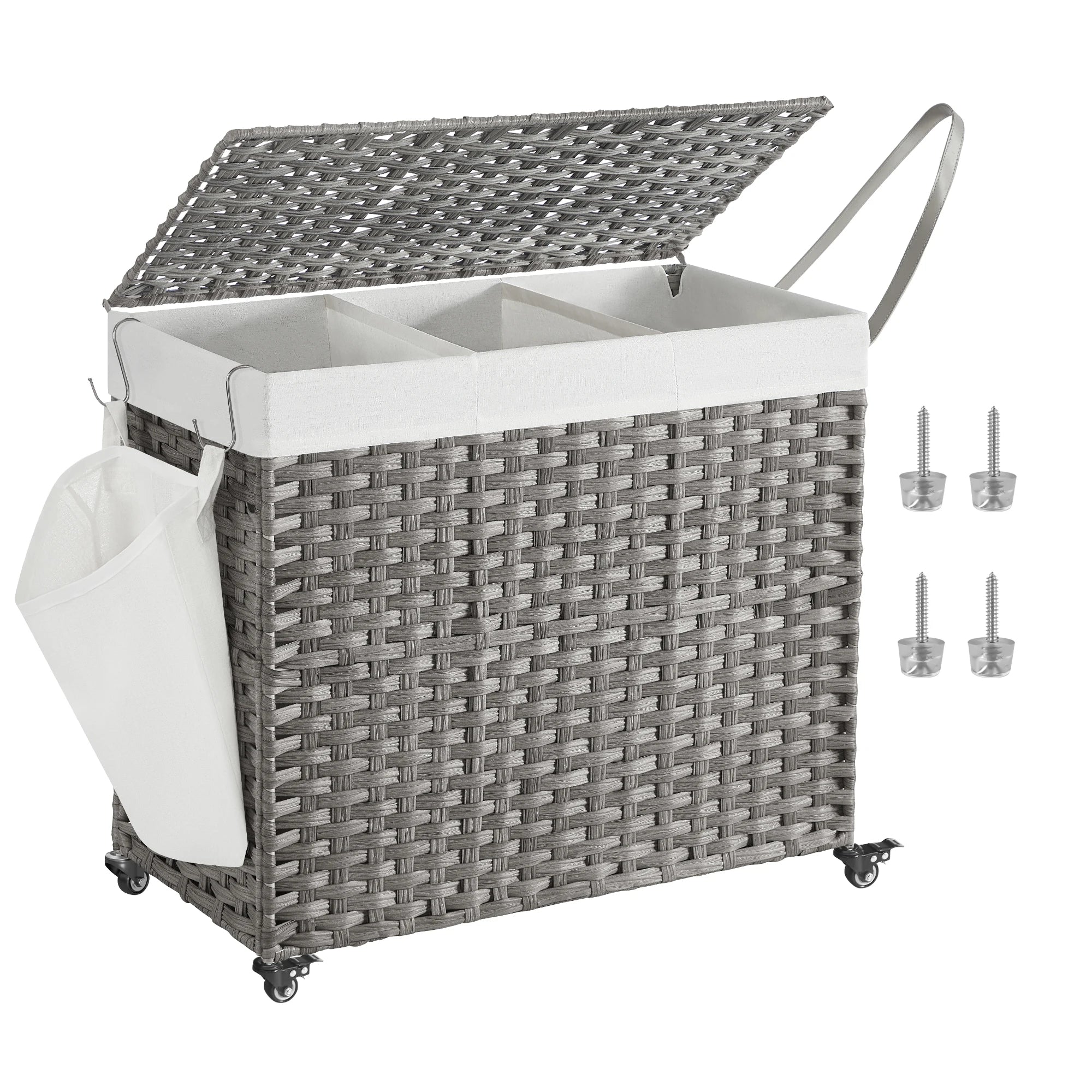 SONGMICS Laundry Hamper with Lid, 42.3 Gallons (160 L), Rolling Laundry Basket with Wheels, 3-Section Synthetic Rattan, Removabl