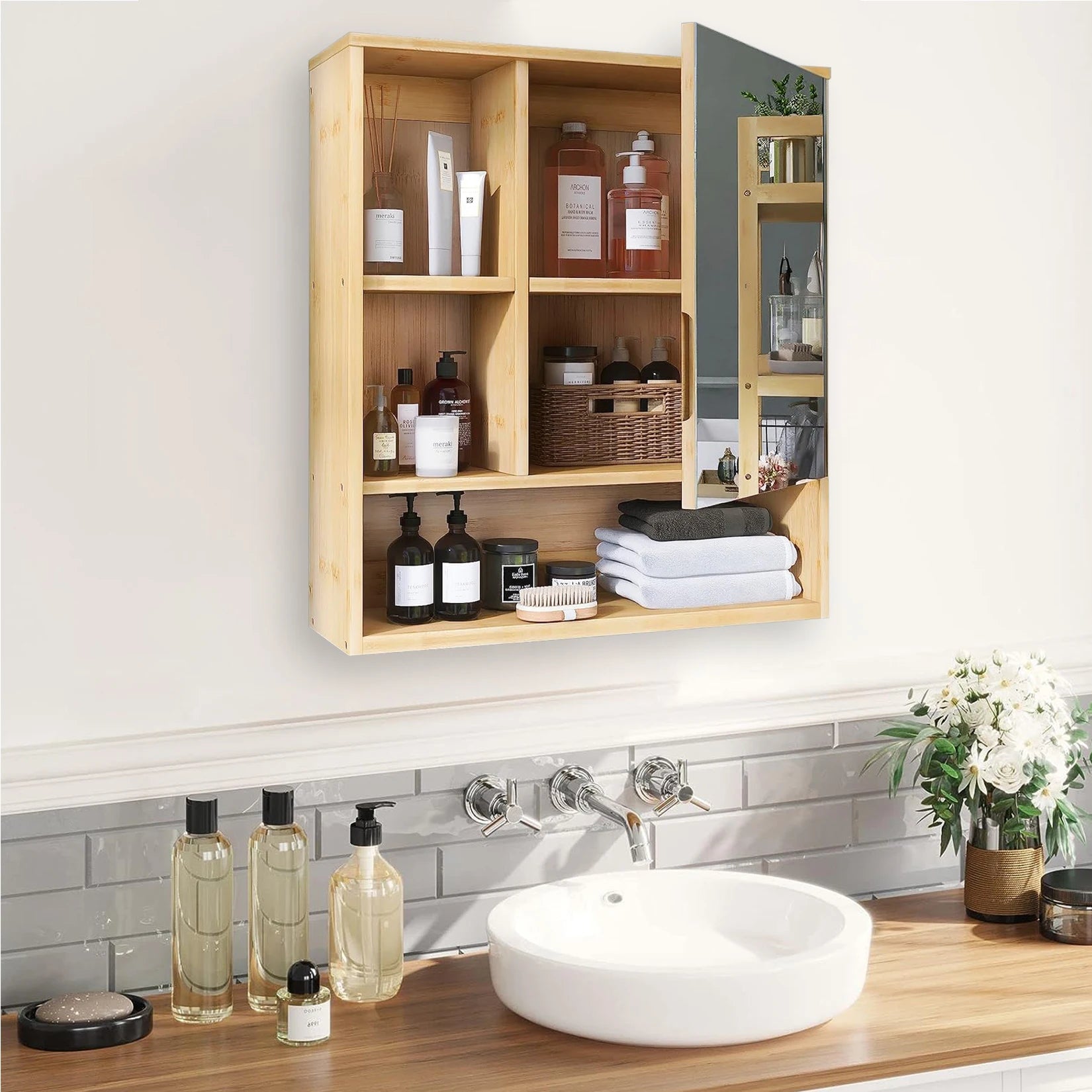 Wall Medicine Cabinet  Natural Bamboo Bathroom Vanity Mirror 5 Open Storage Shelf