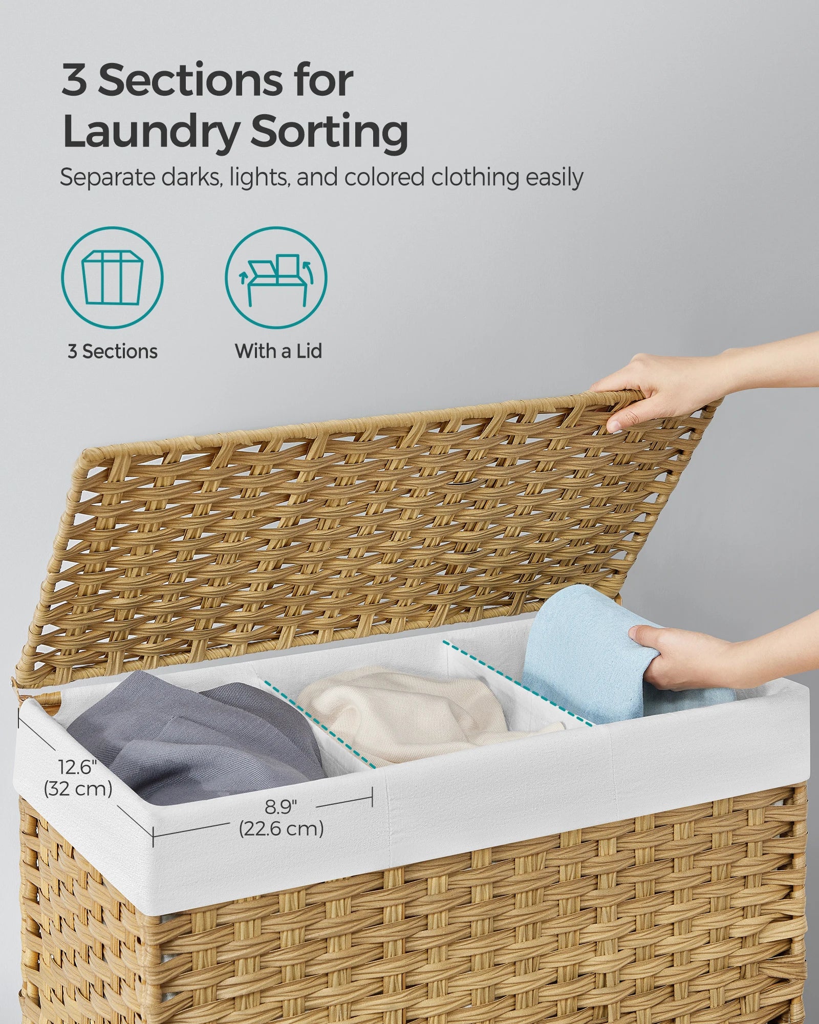 SONGMICS Laundry Hamper with Lid, 42.3 Gallons (160 L), Rolling Laundry Basket with Wheels, 3-Section Synthetic Rattan, Removabl