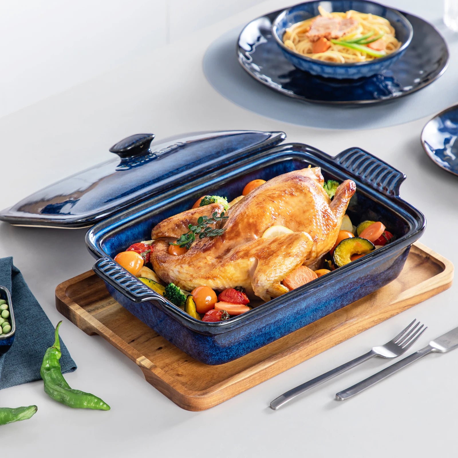 vancasso Starry 3.8/1.9 Quart Blue Casserole Baking Dish with lid Stoneware casserole with lid Microwave