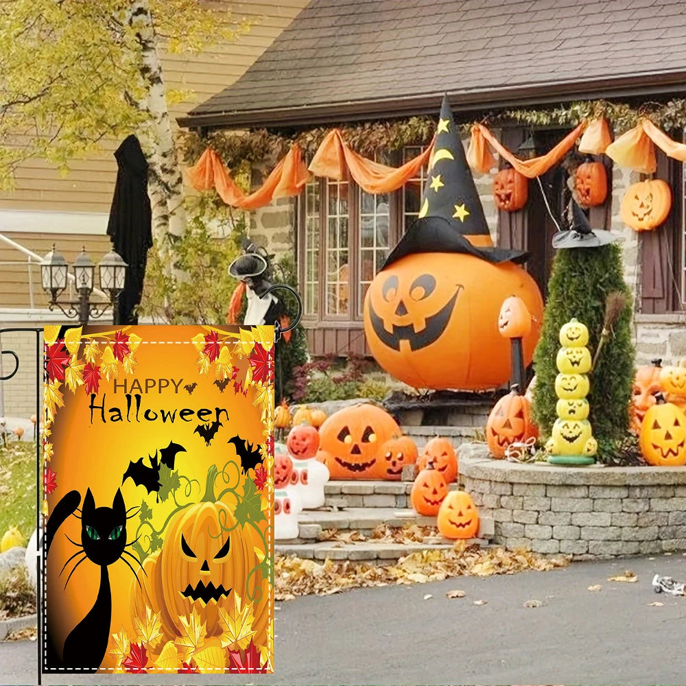 Happy Halloween Garden Flag, Black Cat Jack O Lantern Bat