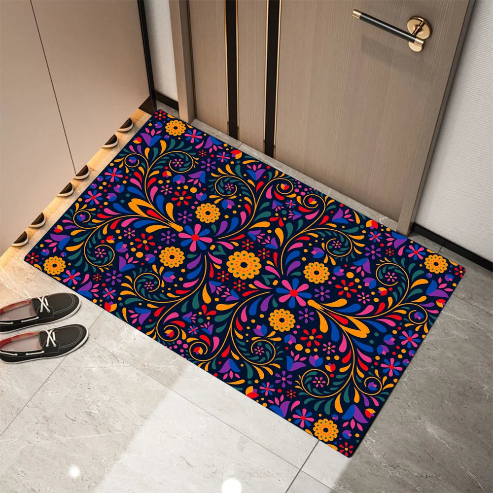 Mexican-style Flower Print Welcome Doormat Non-Slip Machine Washable Carpet