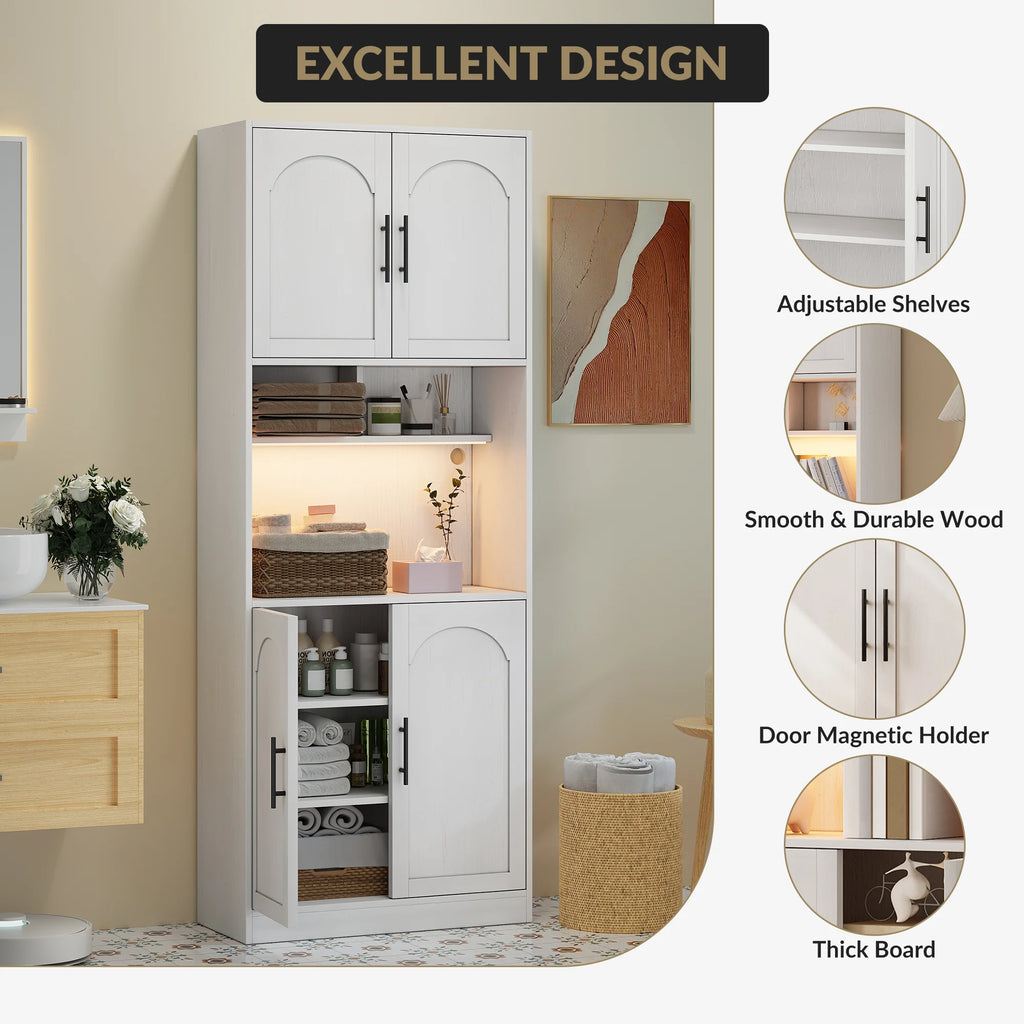 Kitchen Pantry Cabinet with LED Light, Microwave Stand, Farmhouse Large Wood Storage