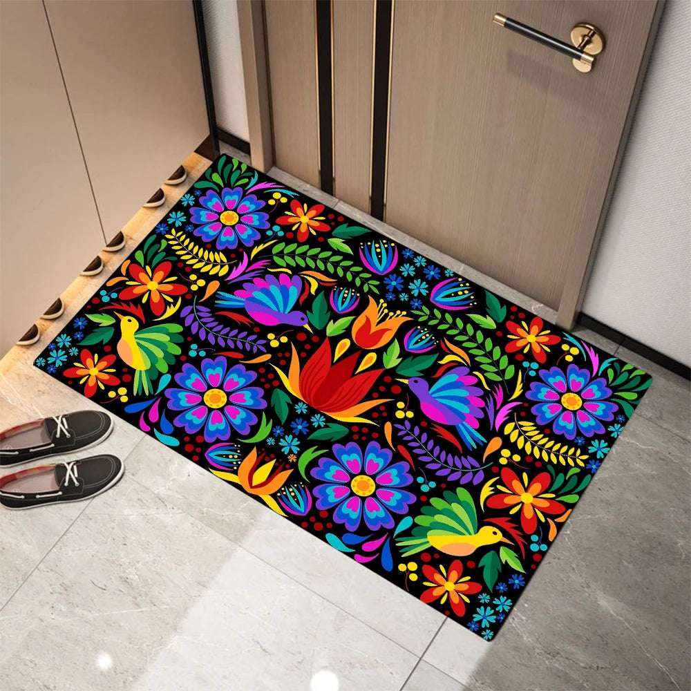 Mexican-style Flower Print Welcome Doormat Non-Slip Machine Washable Carpet