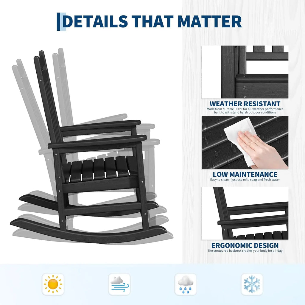 HDPE High Back Rocking Chair Set Outdoor Patio Porch All Weather Resistant w/ Side Table